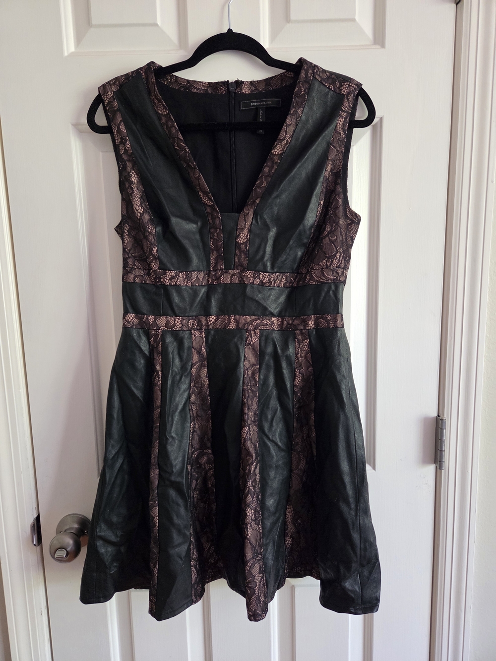 Sleeveless Black and Tan Lace Panel Fit-and-Flare Dress